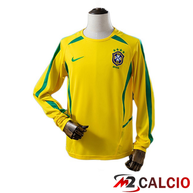 Maglie Calcio Brasile Retro Prima Manica Lunga Giallo 2002 Maglie Calcio Brasile Retro Prima Manica Lunga Giallo 2002