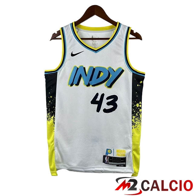 Maglie Indiana Pacers (SIAKAM #43) 2024/2025 Bianco/Giallo/Nero/Blu Maglie Indiana Pacers (SIAKAM #43) 2024/2025 Bianco/Giallo/Nero/Blu