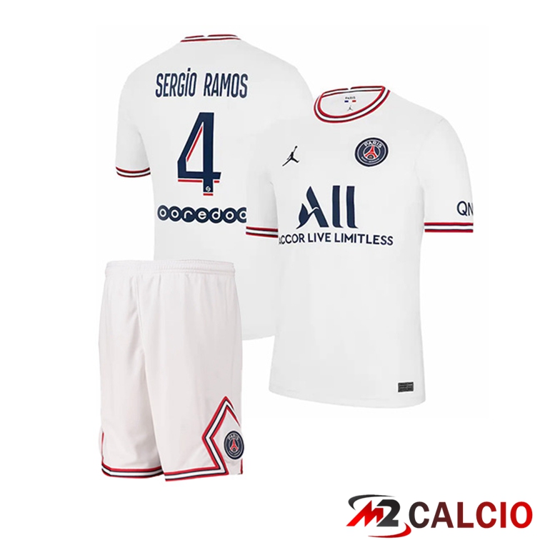 Maglia Jordan Paris PSG (Sergio Ramos 4) Bambino Quattro Bianco 2021/2022